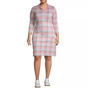 Lands End Womens Supima Cotton 3/4 Sleeve Polo Dress Wild Blossom Multi Check 1X